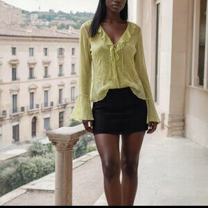 Vintage Elegant Ruffled + Beaded Pistachio Silk Blouse Fairy Whimsey Women S/M